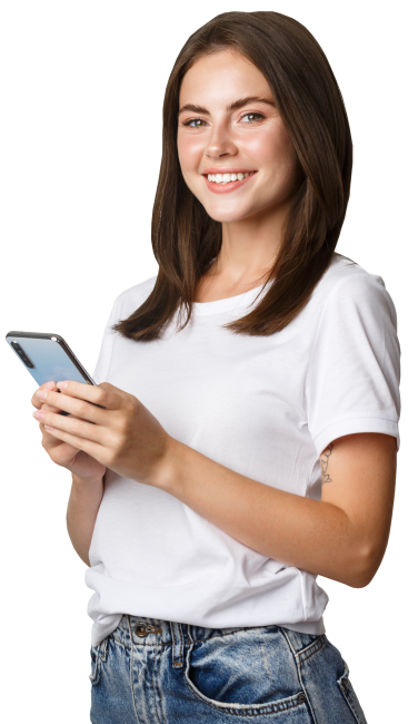 attractive-young-brunette-woman-using-mobile-phone-and-smiling-at-camera